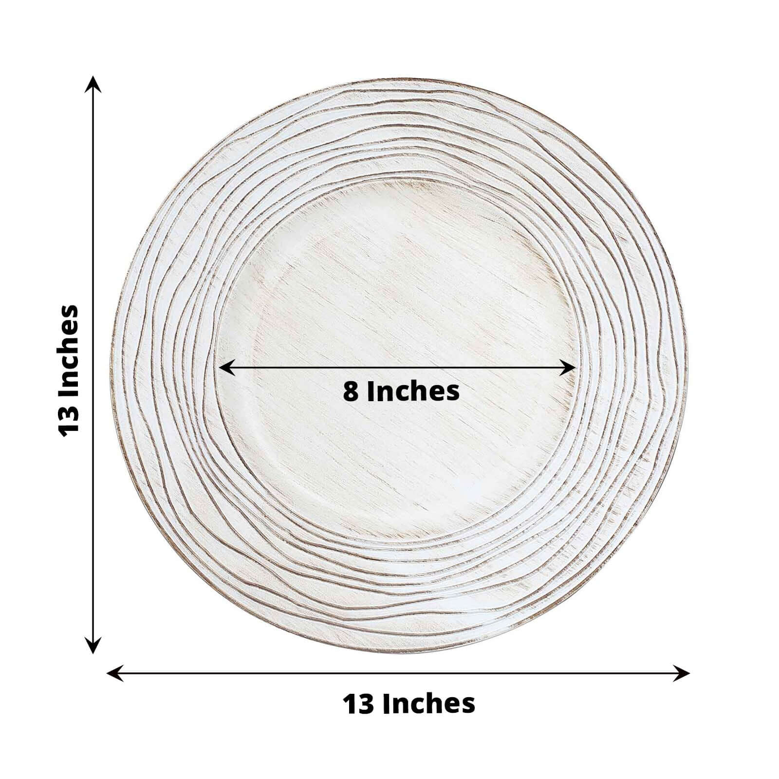 6-Pack Faux Wood Charger Plates 13" Round White Washed Rose Embossed Rim - Disposable Plastic Charger Tableware