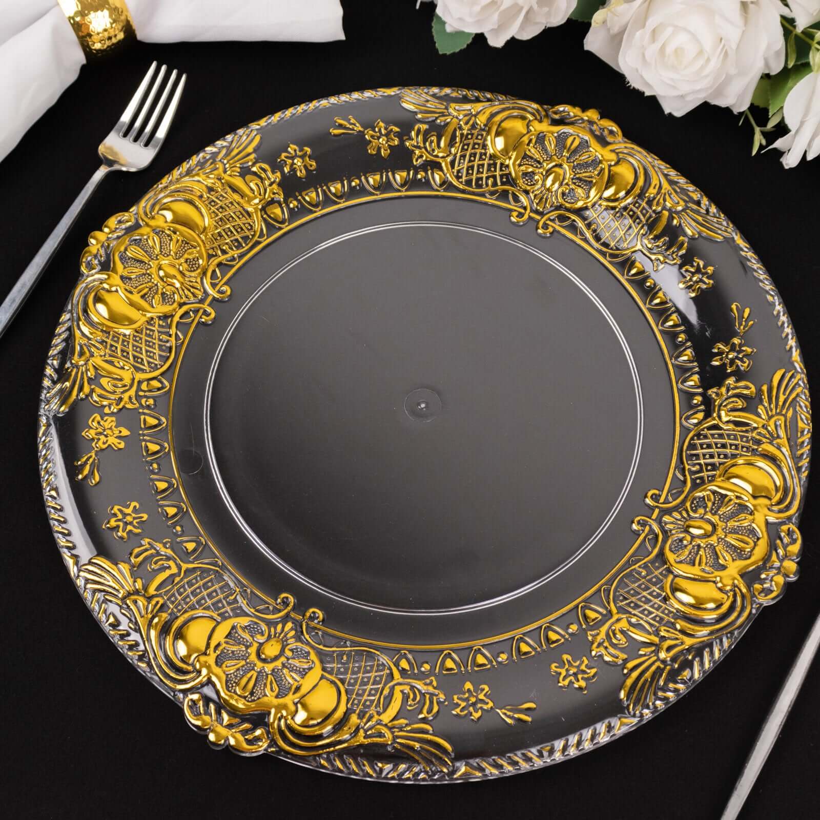 6-Pack Plastic Charger Plates 13" Round Clear with Gold Florentine Embossed Rim - Exquisite Dinner Serving Plates