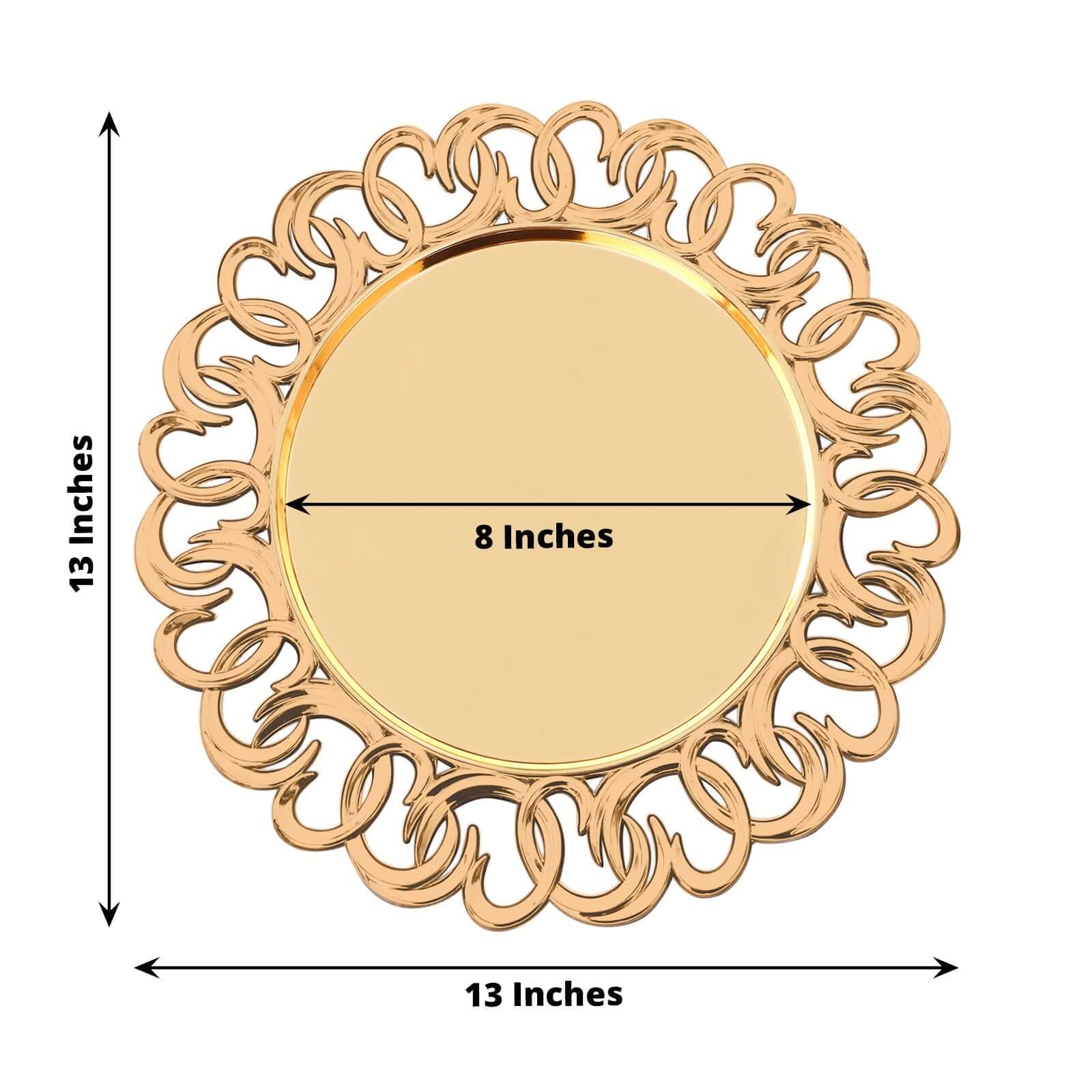 6-Pack Plastic Charger Plates 13" Round Gold with Entwined Swirl Rim - Plastic Disposable Decorative Chargers