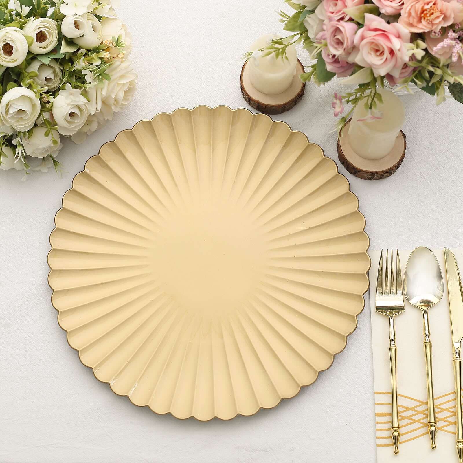 6-Pack Plastic Charger Plates 13" Round Gold with Scalloped Shell Pattern - Coastal Inspired Disposable Charger Tableware