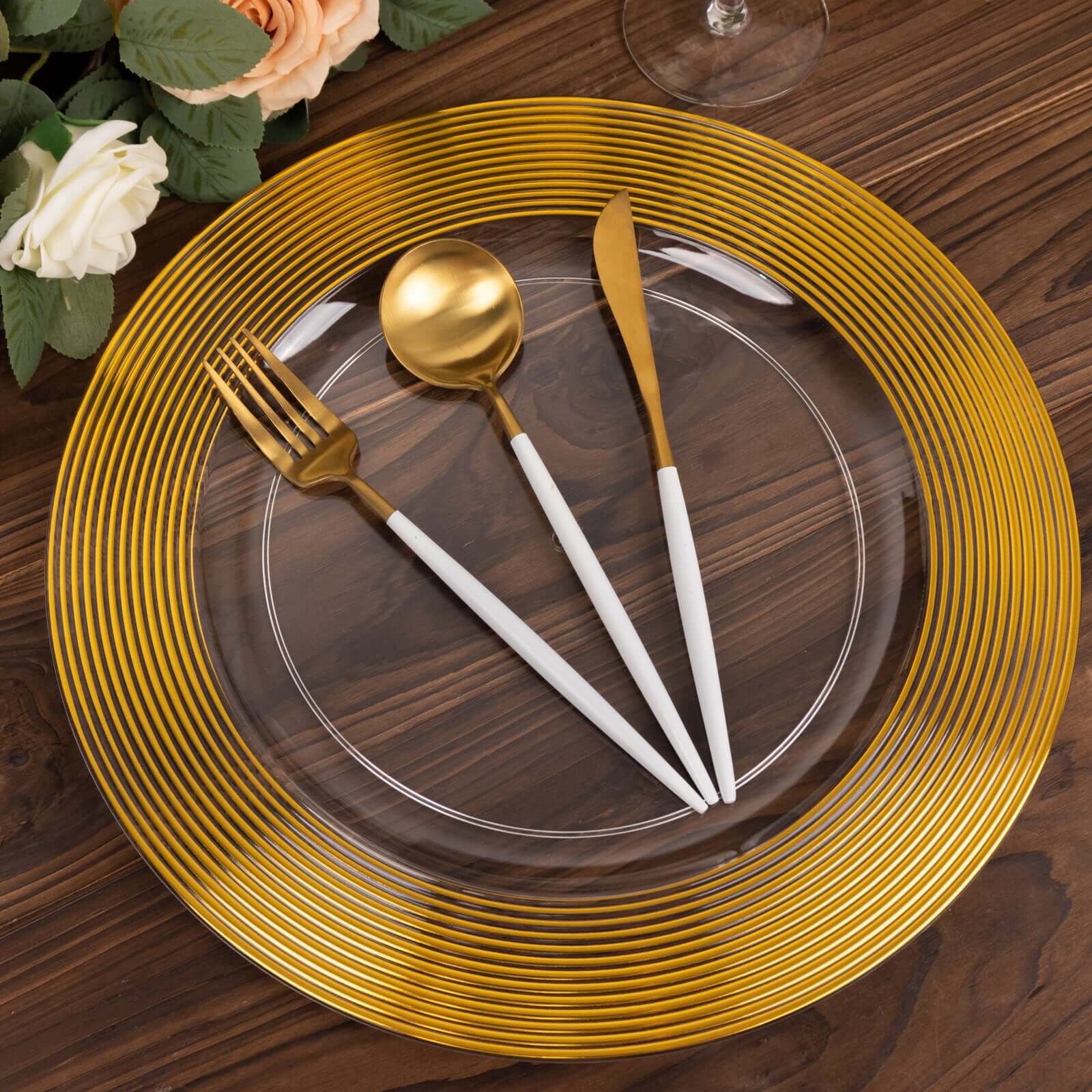 6-Pack Plastic Charger Plates 13" Round Clear with Gold Lined Ring Rim - Classy Dinner Serving Plates